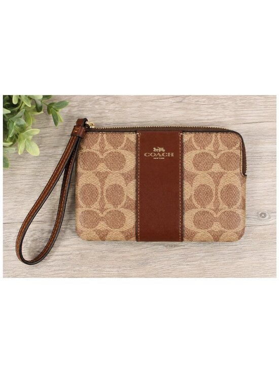 Coach Handbags - Coach Signature Canvas Zip Wristlet Wallet Tan Brown Leather Trim Gold Hardware